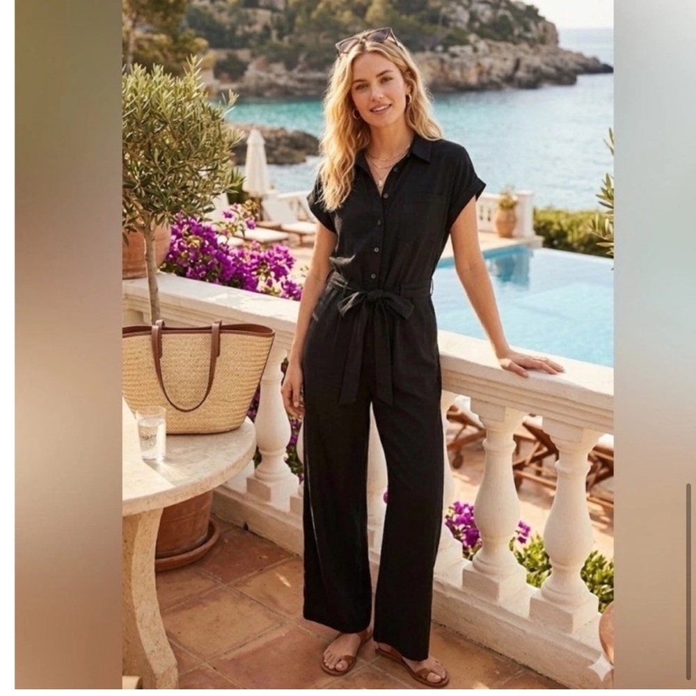 Tahari Womens Black Linen Blend Button Front Wide Leg Jumpsuit Size S Belted